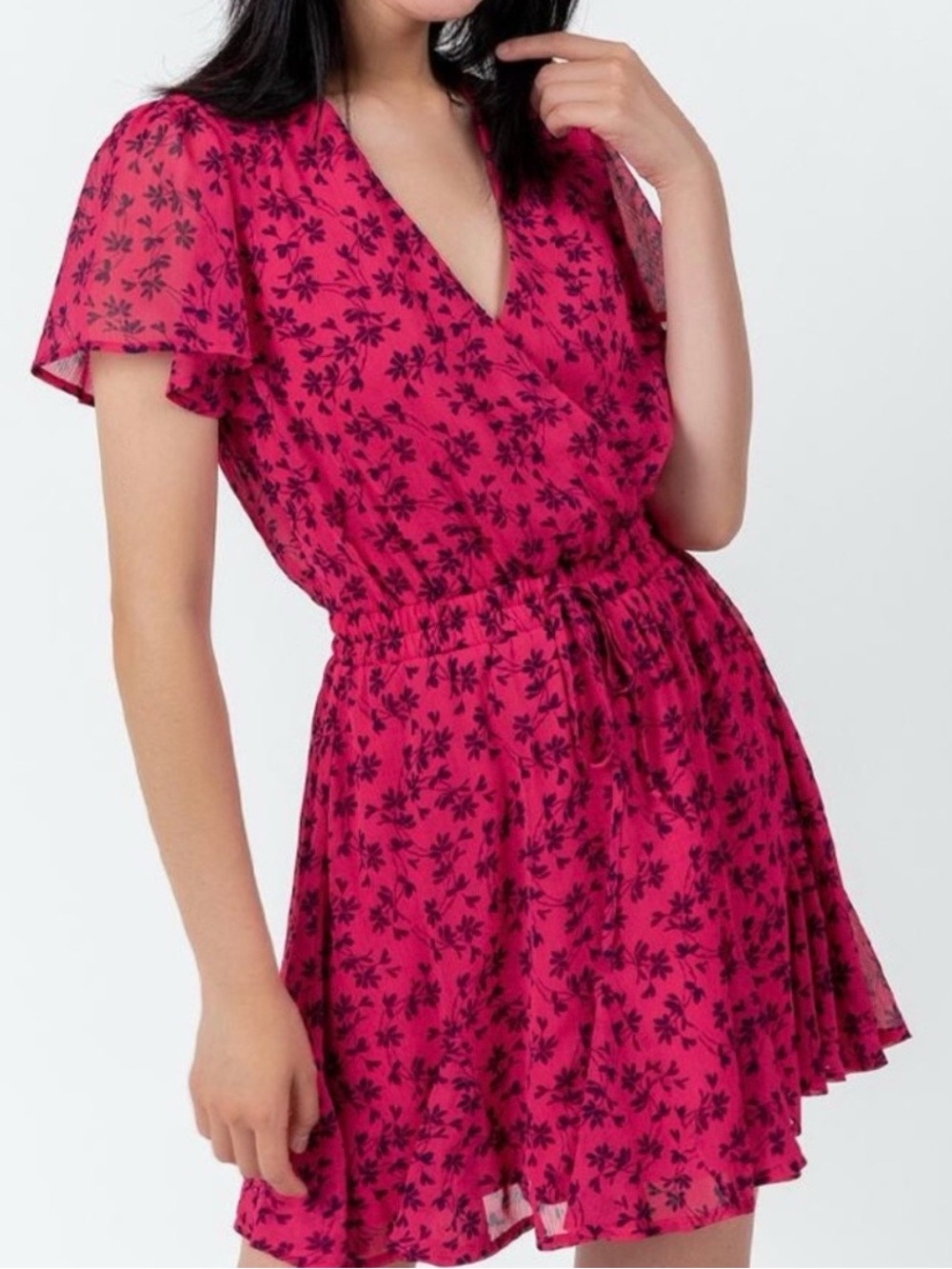 Francesca's Blue Rain Floral Wrap-Front Short Dress Magenta Size S